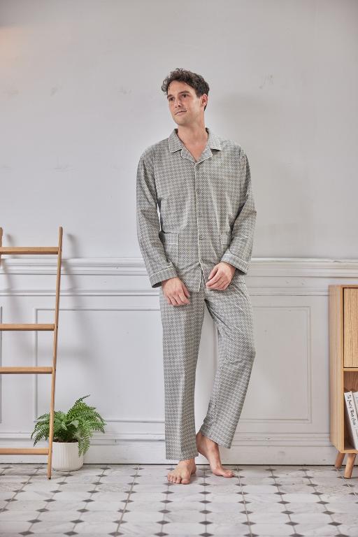 GOLDDEER金鹿 - 雅仕幾何斜紋冬季款國民領長袖褲裝睡衣-灰色【M5306】