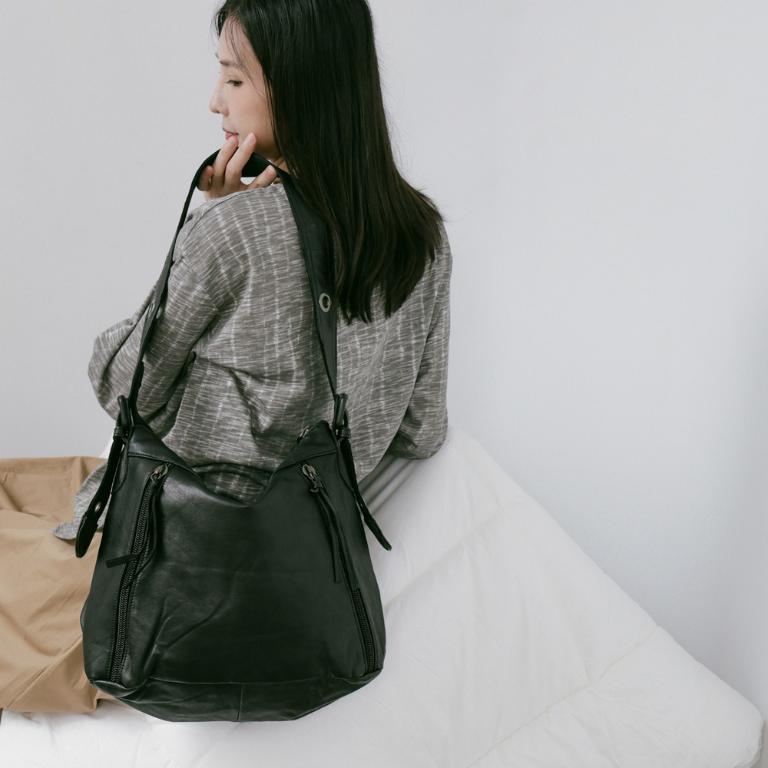 supportingrole 大容量口袋百搭俐落線條設計手提肩斜背包 黑