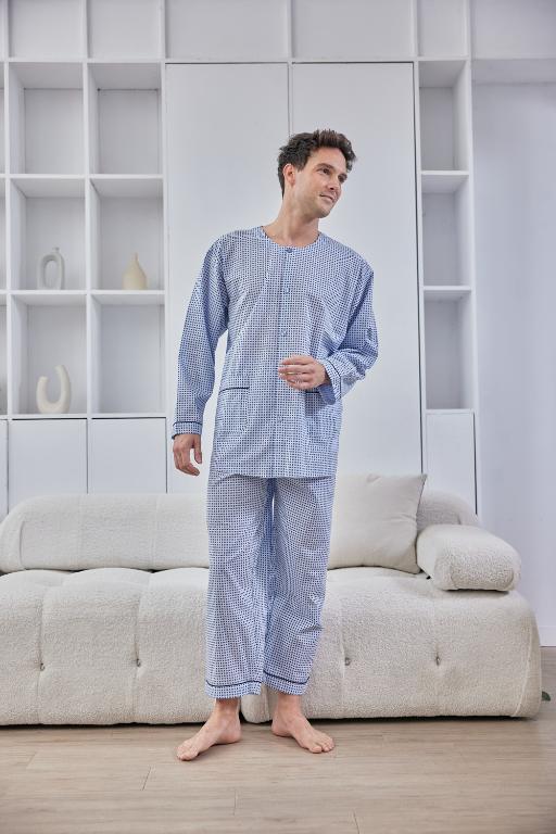 GOLDDEER金鹿 - 紳士小圖騰薄棉夏季款圓領長袖褲裝睡衣-水藍【M5106】