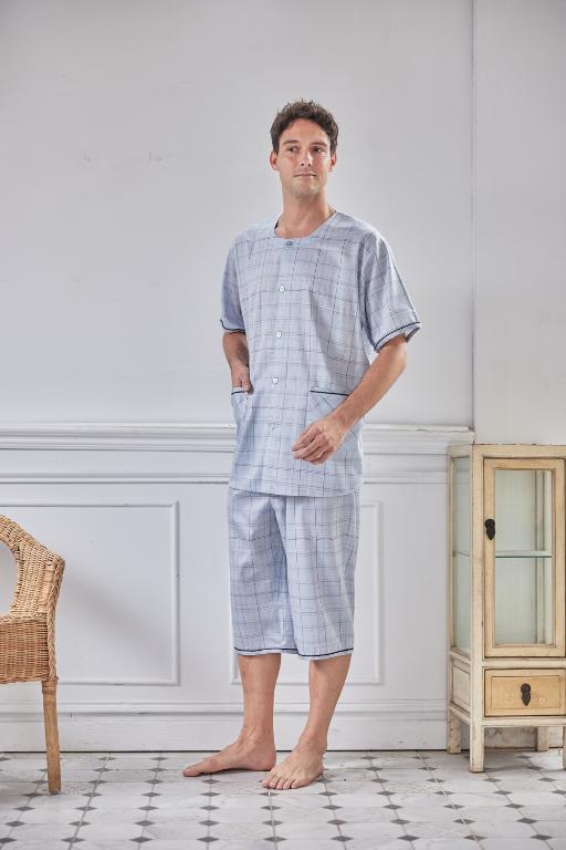  GOLDDEER金鹿 - 青年中格夏季款圓領短袖七分褲睡衣-天空藍【M5301】