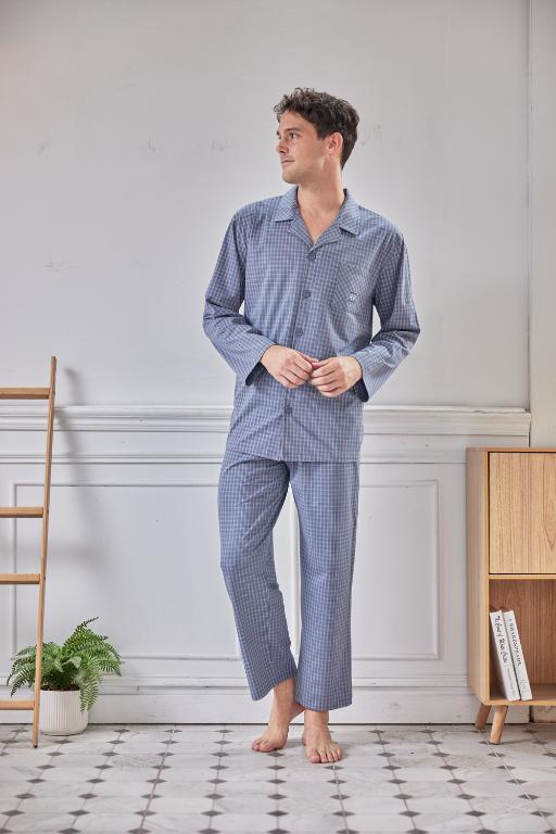 GOLDDEER金鹿 - 雅仕小細格冬季款國民領長袖褲裝睡衣-灰藍【M5305】