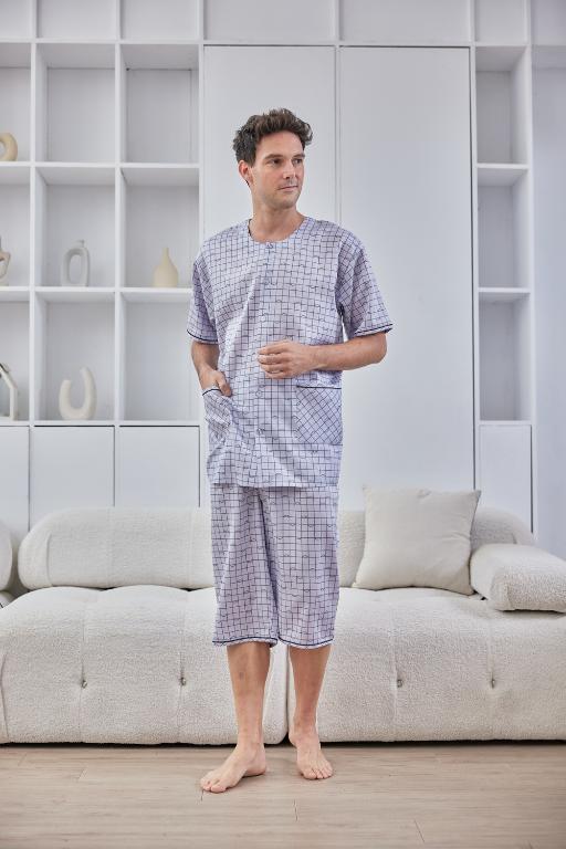  GOLDDEER金鹿 - 玩趣雲朵格薄棉夏季款圓領短袖七分褲睡衣-灰藍【M5101】