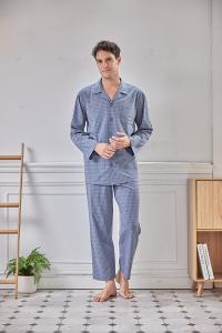 GOLDDEER金鹿 - 雅仕小細格冬季款國民領長袖褲裝睡衣-灰藍【M5305】