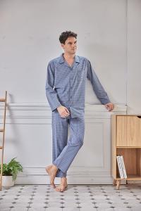 GOLDDEER金鹿 - 雅仕小細格冬季款國民領長袖褲裝睡衣-灰藍【M5305】