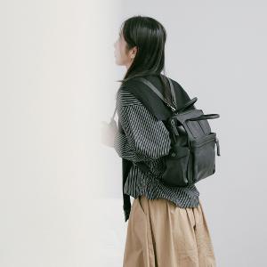 Supportingrole 簡約多隔層多口袋真皮後背包 復古黑