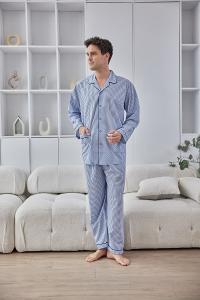 GOLDDEER金鹿 - 紳士小圖騰薄棉夏季款國民領長袖褲裝睡衣-水藍【M5107】