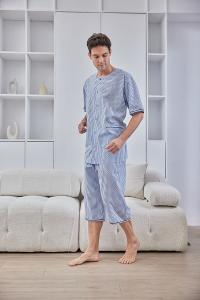 GOLDDEER金鹿 - 紳士小圖騰薄棉夏季款圓領短袖七分褲睡衣-水藍【M5105】