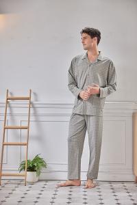 GOLDDEER金鹿 - 雅仕幾何斜紋冬季款國民領長袖褲裝睡衣-灰色【M5306】