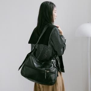 supportingrole 大容量多層拉鍊口袋百搭輕量旅行皮手提肩斜背包 黑