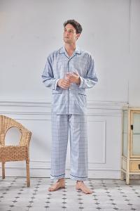 GOLDDEER金鹿 -青年中格夏季款國民領長袖褲裝睡衣-天空藍【M5303】