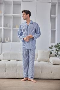 GOLDDEER金鹿 - 紳士小圖騰薄棉夏季款國民領長袖褲裝睡衣-水藍【M5107】