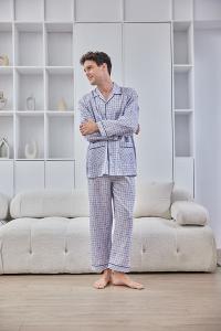 GOLDDEER金鹿 -玩趣雲朵格薄棉夏季款國民領長袖褲裝睡衣-灰藍【M5102】