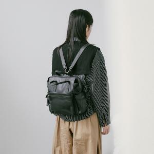 Supportingrole 簡約多隔層多口袋真皮後背包 復古黑