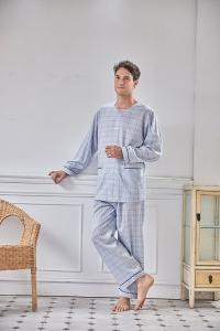 GOLDDEER金鹿 -青年中格夏季款圓領長袖褲裝睡衣-天空藍【M5302】