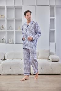 GOLDDEER金鹿 -玩趣雲朵格薄棉夏季款國民領長袖褲裝睡衣-灰藍【M5102】