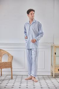 GOLDDEER金鹿 -青年中格夏季款國民領長袖褲裝睡衣-天空藍【M5303】