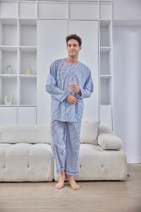 GOLDDEER金鹿 - 紳士小圖騰薄棉夏季款圓領長袖褲裝睡衣-水藍【M5106】