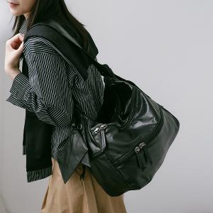 supportingrole 大容量多層拉鍊口袋百搭輕量旅行皮手提肩斜背包 黑