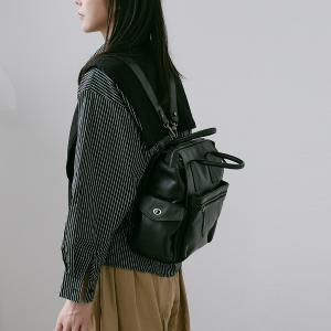 Supportingrole 簡約多隔層多口袋真皮後背包 復古黑