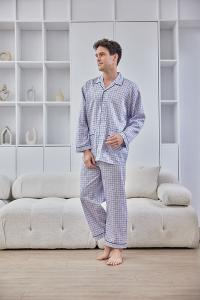 GOLDDEER金鹿 -玩趣雲朵格薄棉夏季款國民領長袖褲裝睡衣-灰藍【M5102】