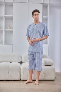 GOLDDEER金鹿 - 紳士小圖騰薄棉夏季款圓領短袖七分褲睡衣-水藍【M5105】