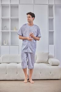 GOLDDEER金鹿 - 玩趣雲朵格薄棉夏季款圓領短袖七分褲睡衣-灰藍【M5101】