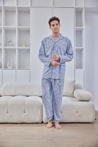 GOLDDEER金鹿 - 紳士小圖騰薄棉夏季款國民領長袖褲裝睡衣-水藍【M5107】