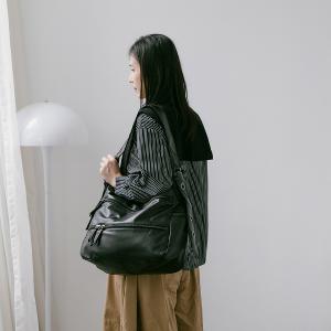 supportingrole 大容量多層拉鍊口袋百搭輕量旅行皮手提肩斜背包 黑