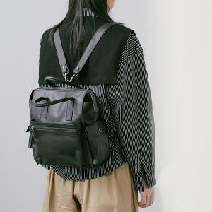 Supportingrole 簡約多隔層多口袋真皮後背包 復古黑