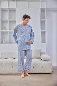 GOLDDEER金鹿 - 紳士小圖騰薄棉夏季款圓領長袖褲裝睡衣-水藍【M5106】