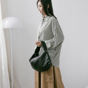 supportingrole 立體收摺廓形優雅慵懶輕量真皮肩斜背手提包 黑