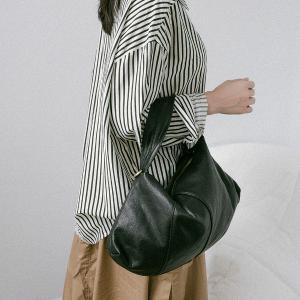supportingrole 立體收摺廓形優雅慵懶輕量真皮肩斜背手提包 黑