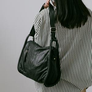 supportingrole 廓形方正百搭輕量真皮肩斜背包 黑