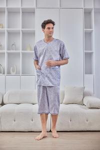 GOLDDEER金鹿 - 玩趣雲朵格薄棉夏季款圓領短袖七分褲睡衣-灰藍【M5101】