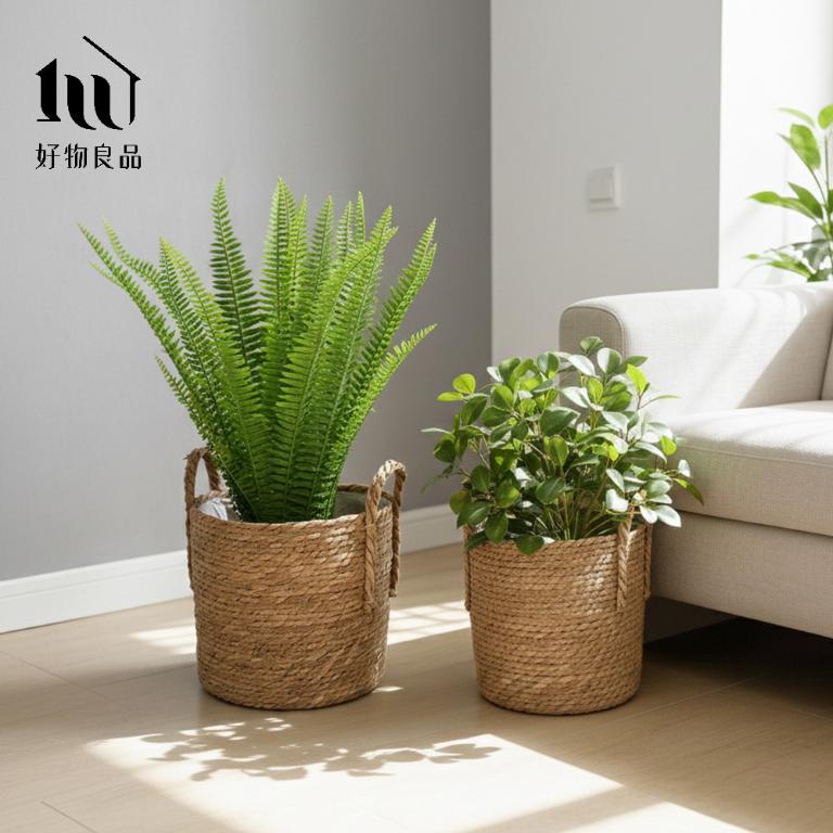 日本藤編植物盆栽籃｜防水內裏花盆套雙提手落地籃居家綠植收納