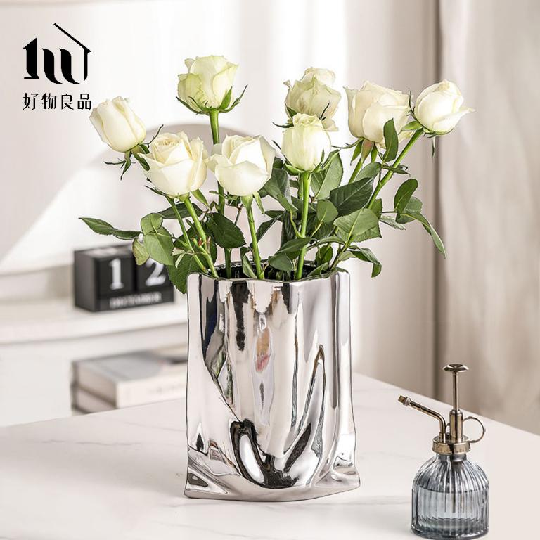 居家飾品電鍍雕塑皺摺藝術花瓶