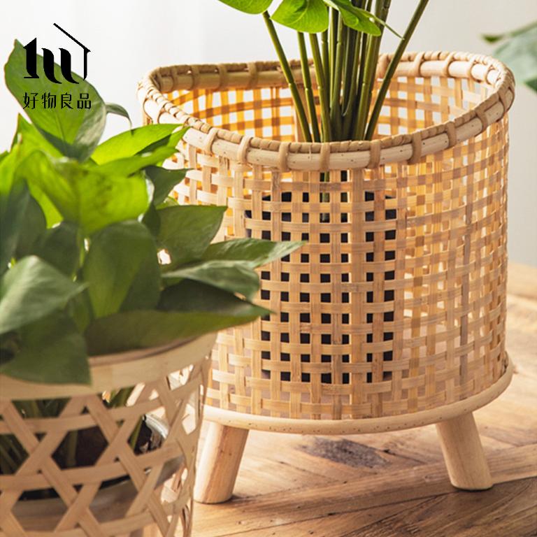 質樸復古手工藤編落地式植栽花籃置物籃