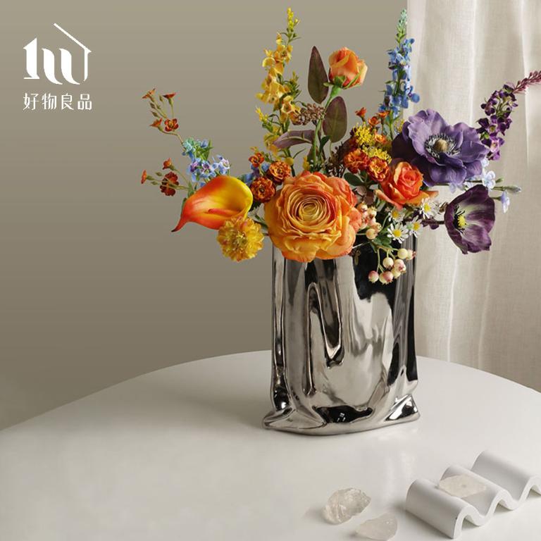 居家飾品電鍍雕塑皺摺藝術花瓶