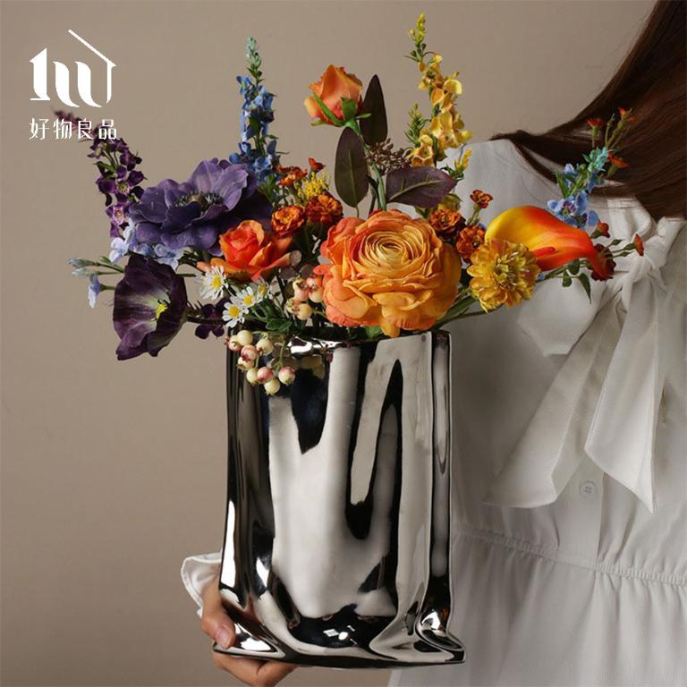 居家飾品電鍍雕塑皺摺藝術花瓶