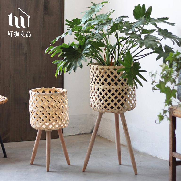 日本手工藤編高架落地式植栽花籃置物籃
