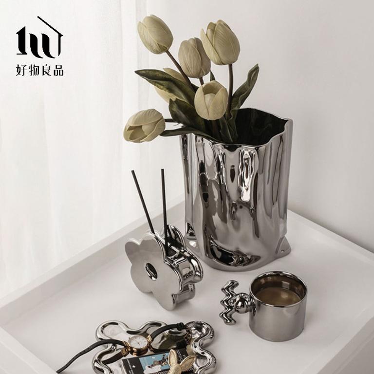 居家飾品電鍍雕塑皺摺藝術花瓶