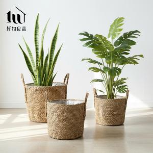 日本藤編植物盆栽籃|防水內裏花盆套雙提手落地籃居家綠植收納
