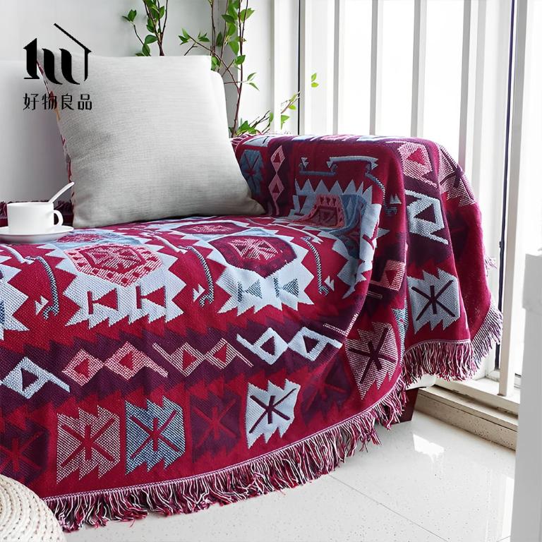 《波希米亞-紅》旅行居家兩用棉麻針織毯沙發毯汽車蓋毯
