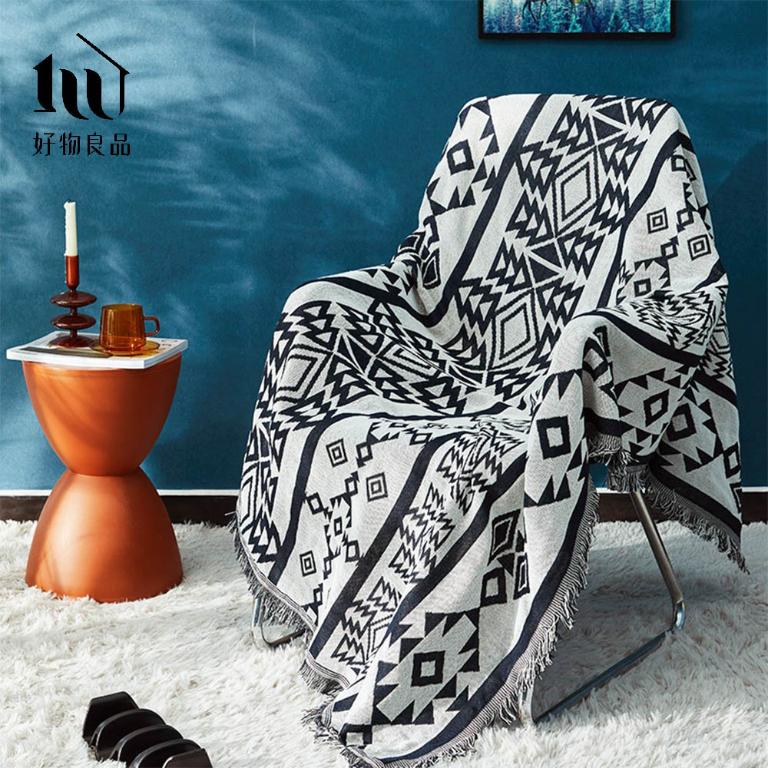 《幾何圖騰》旅行居家兩用棉麻針織毯沙發毯汽車蓋毯
