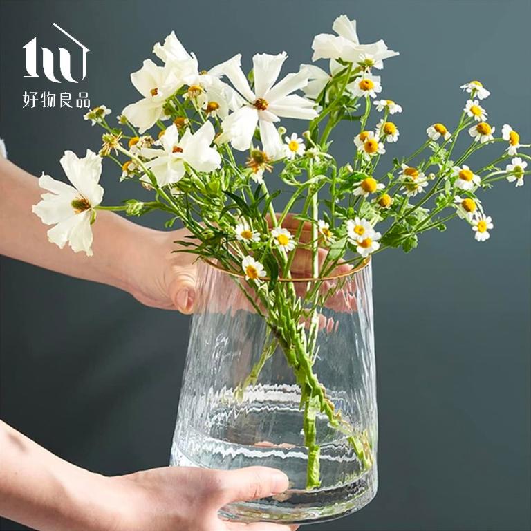 北歐輕奢透明錘紋玻璃金邊花瓶餐桌裝飾(圓形款)