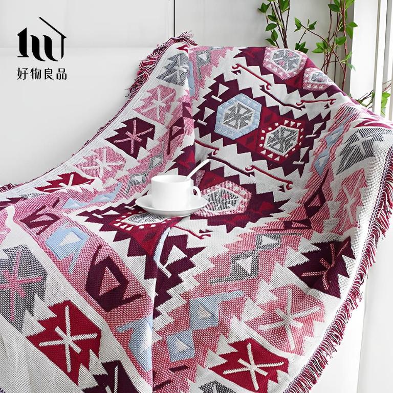 《波希米亞-紅》旅行居家兩用棉麻針織毯沙發毯汽車蓋毯