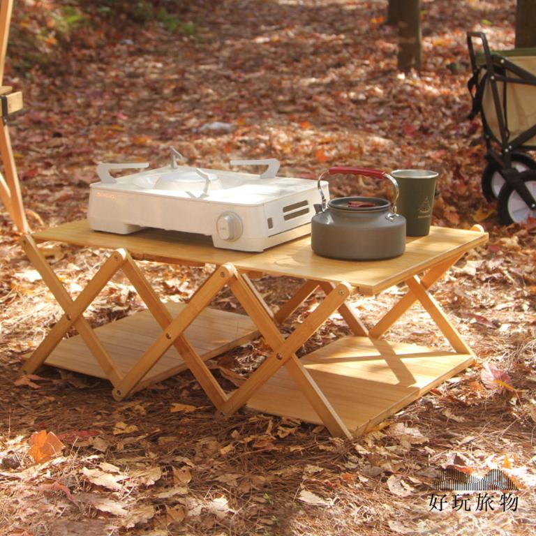 竹木可變形折疊置物架野餐桌露營層架 (附收納袋)