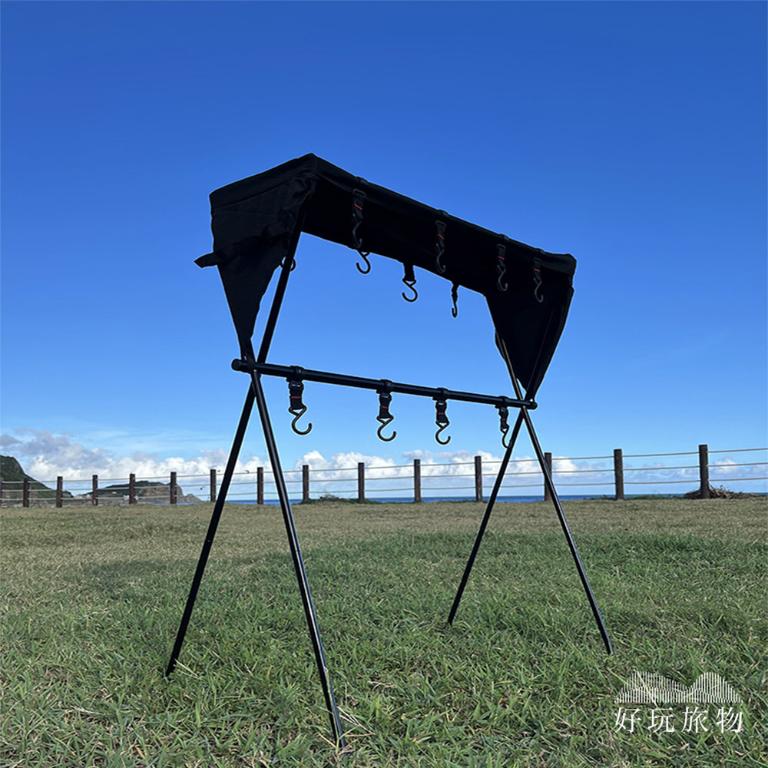 雙層_鋁合金戶外露營折疊收納三角置物露營架 (附掛勾及置物籃)