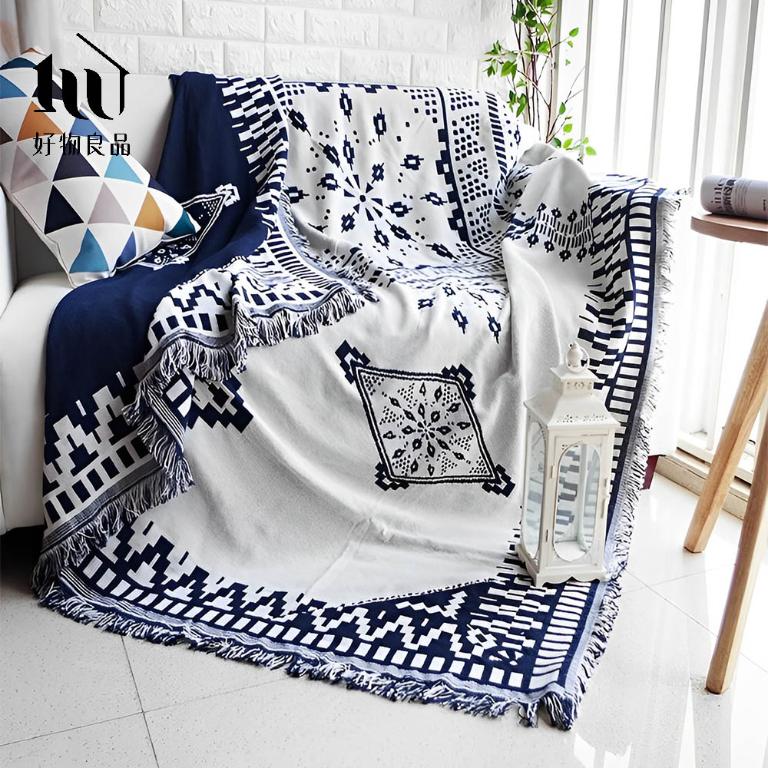 《波希米亞-藍》旅行居家兩用棉麻針織毯沙發毯汽車蓋毯