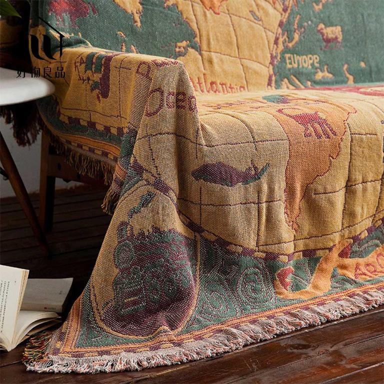 《世界地圖》旅行居家兩用棉麻針織毯沙發毯汽車蓋毯